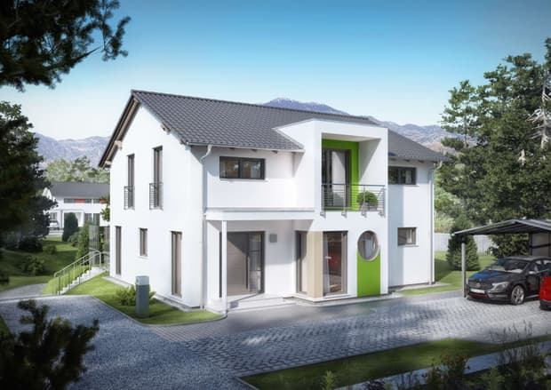 Einfamilienhaus von RENSCH-HAUS. Innovation R 140_2_V18. Eingangsansicht.