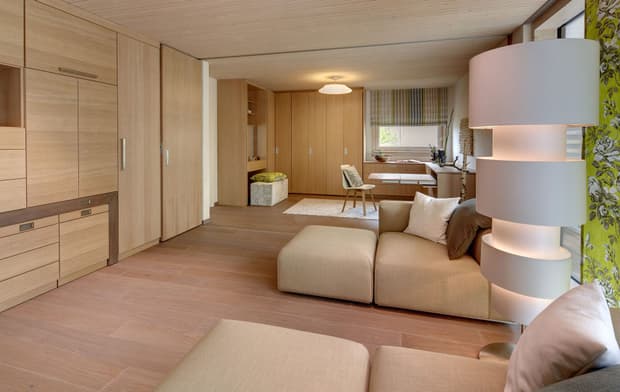 Musterhauspark Sonnleitner Ortenburg, Functionality, Holzhaus mit Schiebeelementen, Plus-Energie-Haus, Wohnzimmer