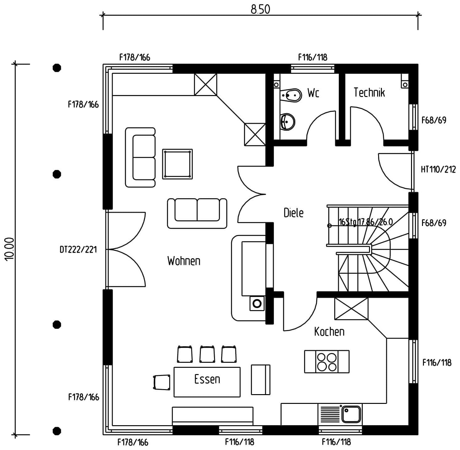 Der Grundriss des EGs des traditionellen Musterhauses aus Holz mit Mischfassade aus Strukturputz und Lärchenholz