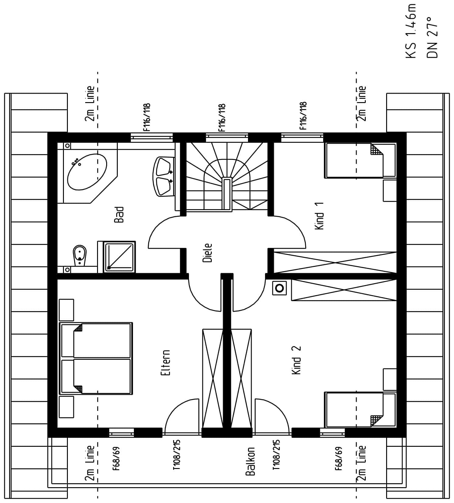 Der Grundriss des OGs des traditionellen Musterhauses aus Holz mit Mischfassade aus Strukturputz und Lärchenholz