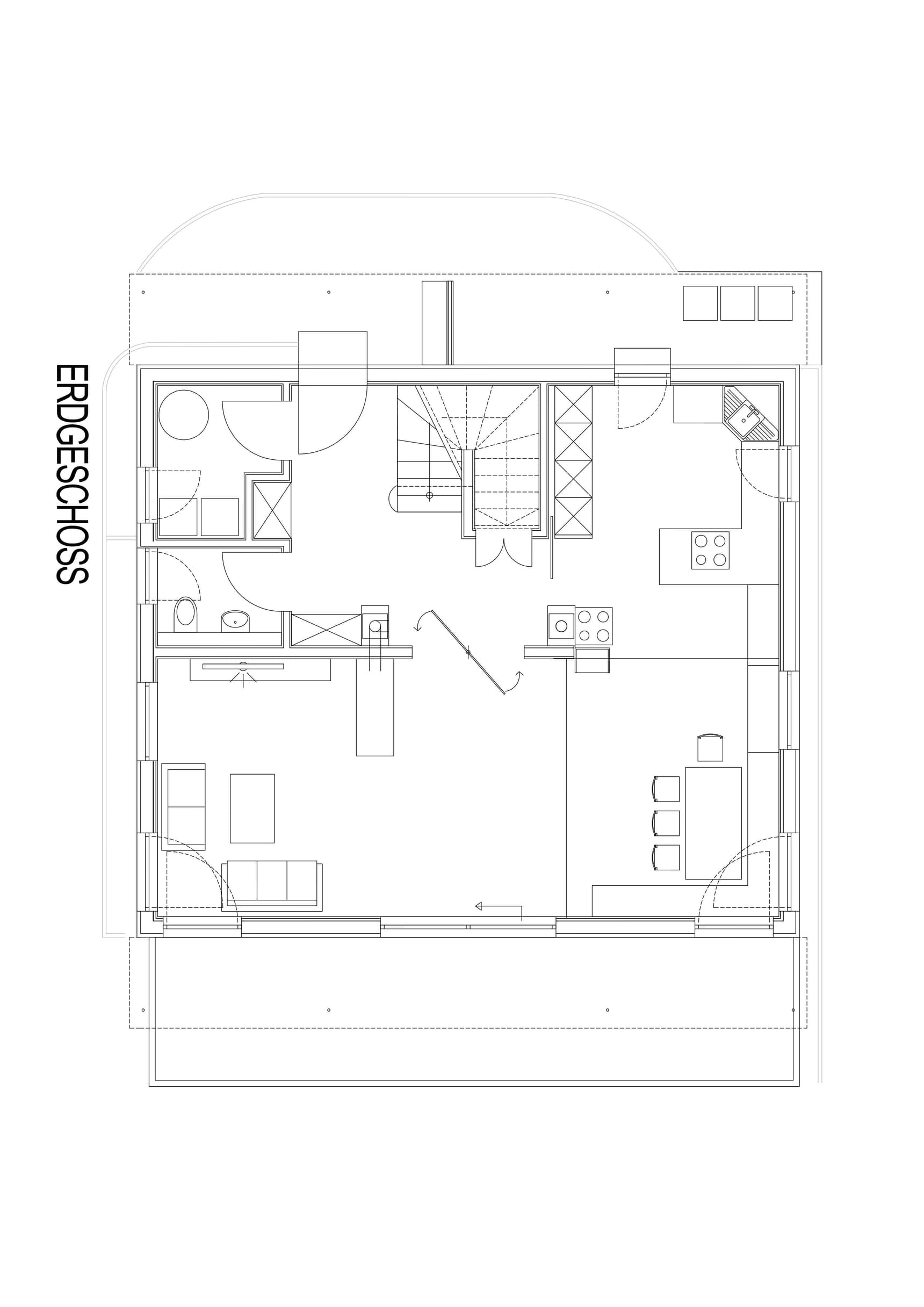 Grundriss des EGs des modernen und großzügigen Holzhauses, bzw. Massivholzhauses im Landhausstil im Musterhauspark in Ortenburg. Der Neubau erinnert an die Chalets im Alpenvorland, hat aber viele moderne Designelemente.