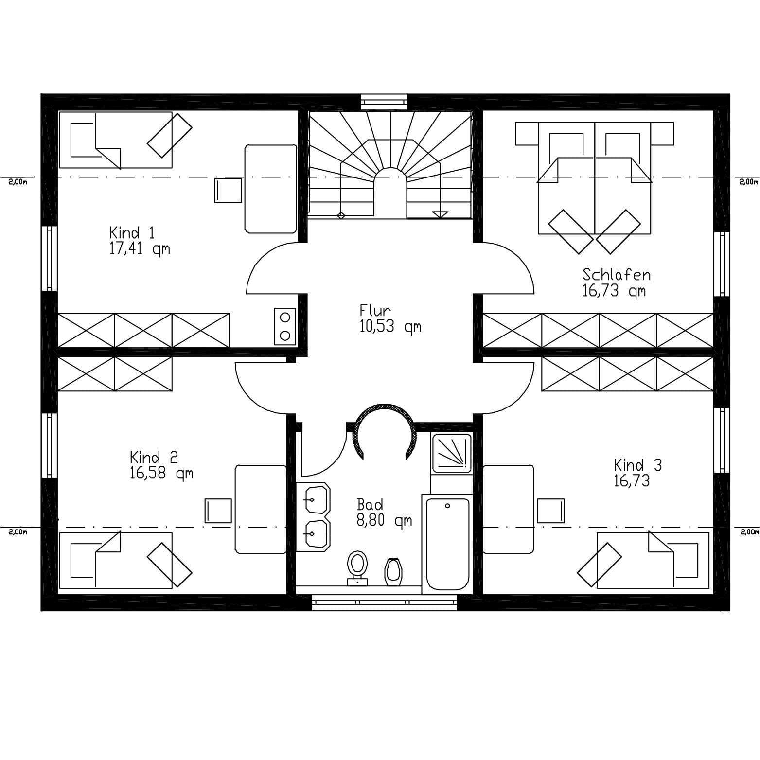 Der Grundriss des OGs des modernen Holzhauses mit ergrauter Lärchenholzfassade, ohne Dachüberstand für schnelle und gleichmäßige Ergrauung