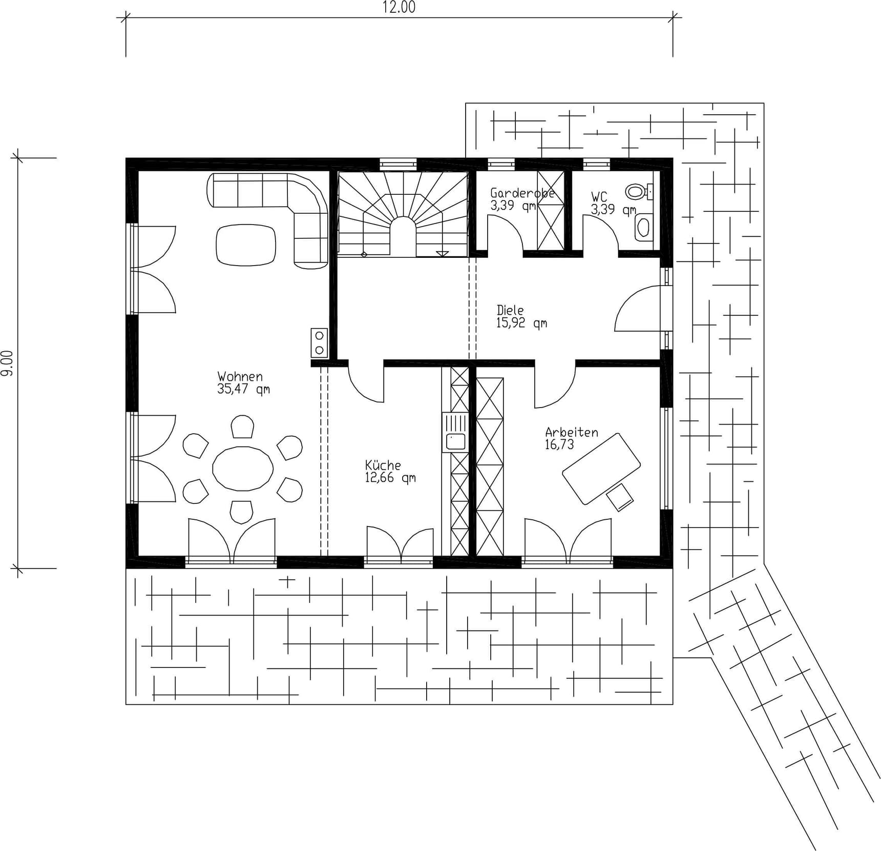 Der Grundriss des EGs des modernen Holzhauses mit ergrauter Lärchenholzfassade, ohne Dachüberstand für schnelle und gleichmäßige Ergrauung