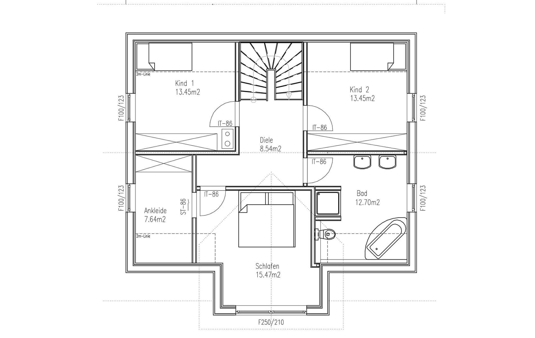 Der Grundriss des Obergeschosses des Holzhauses im Landhausstil mit gemischter Fassade aus mineralischem Putz und Holz