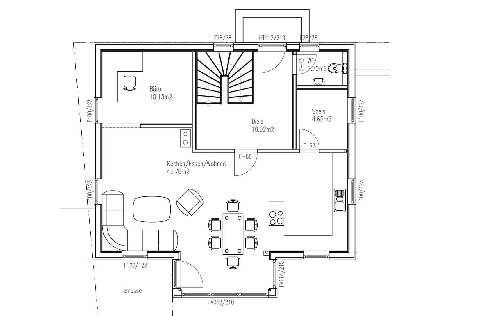 Der Grundriss des Erdgeschosses des Holzhauses im Landhausstil mit gemischter Fassade aus mineralischem Putz und Holz