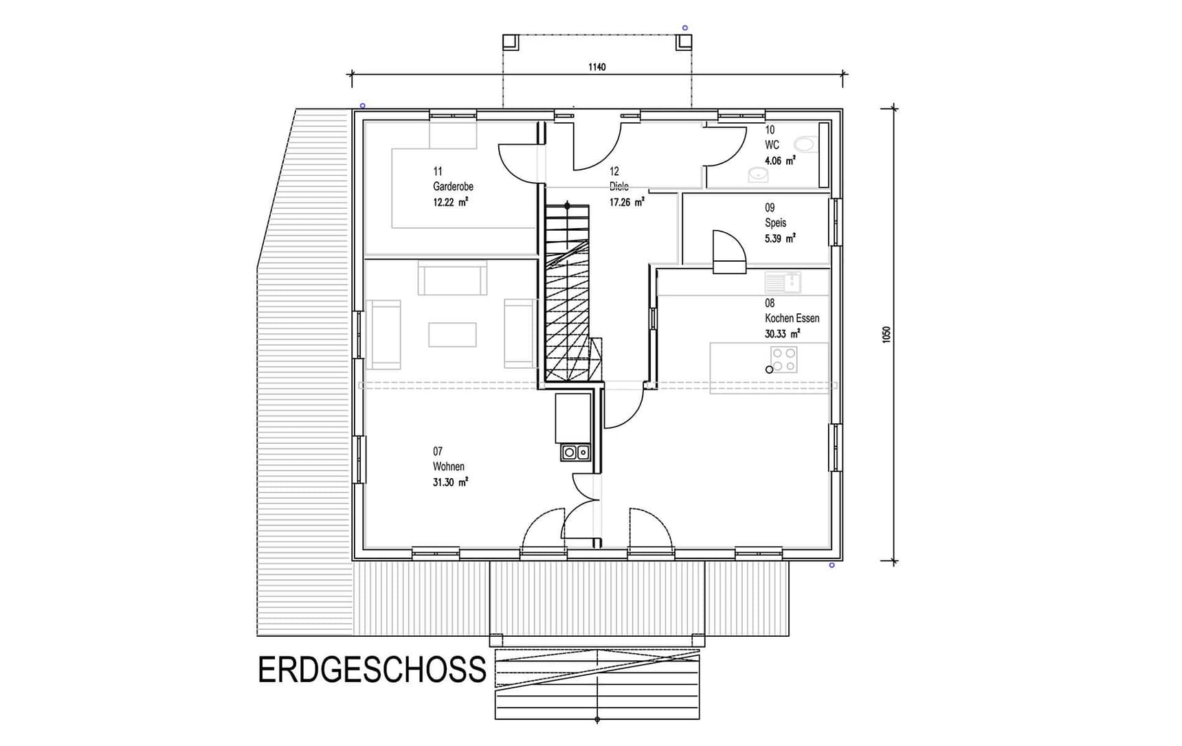 Der Grundriss des EGs des modernen Holzhauses in mediterranem Stil