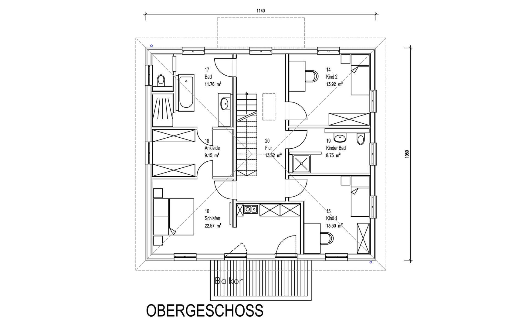Der Grundriss des OGs des modernen Holzhauses in mediterranem Stil
