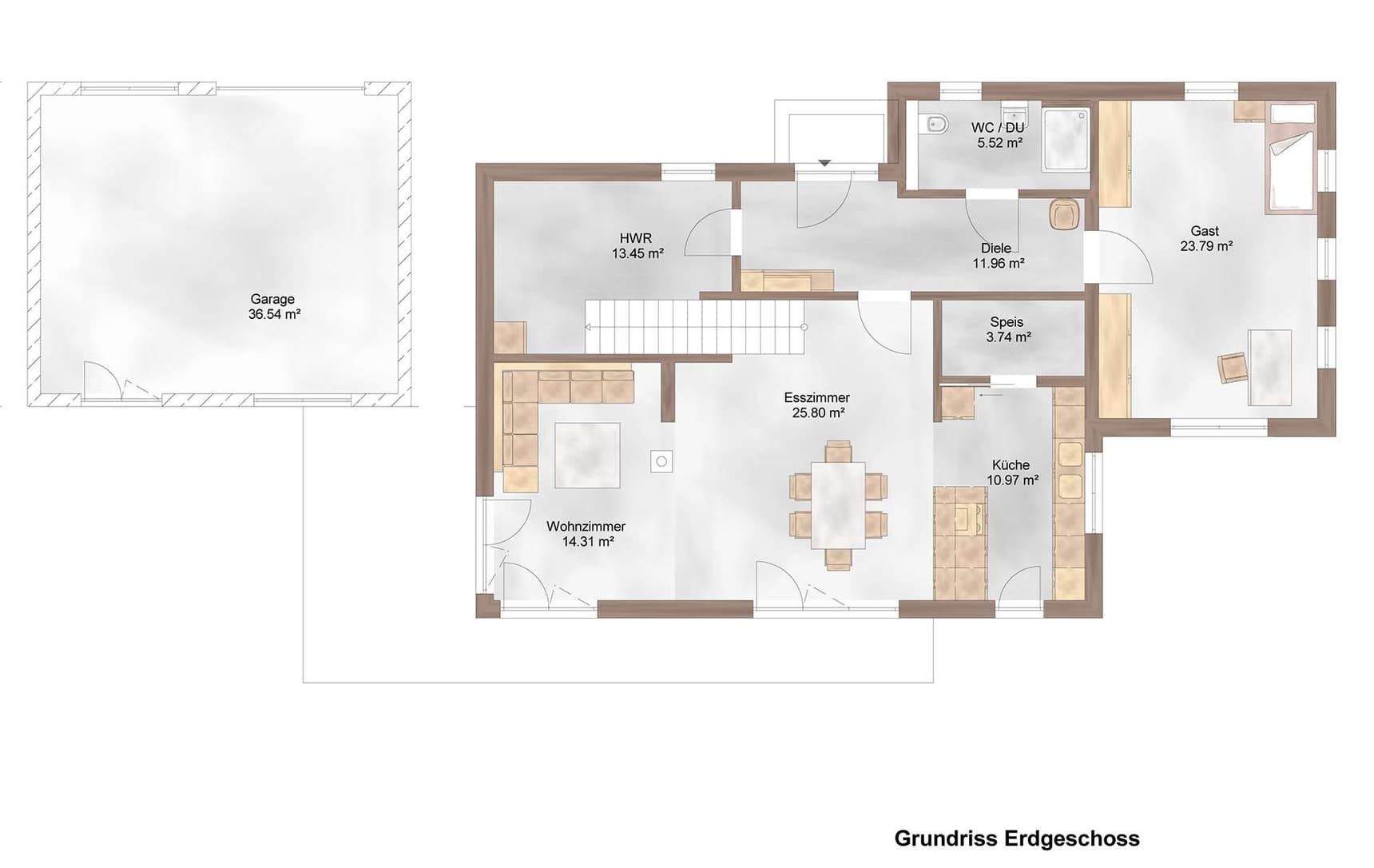 Der Grundriss des EGs des modernen Holzhauses mit Pultdach und gemischter Fassade aus mineralischem Putz und Lärchenholz