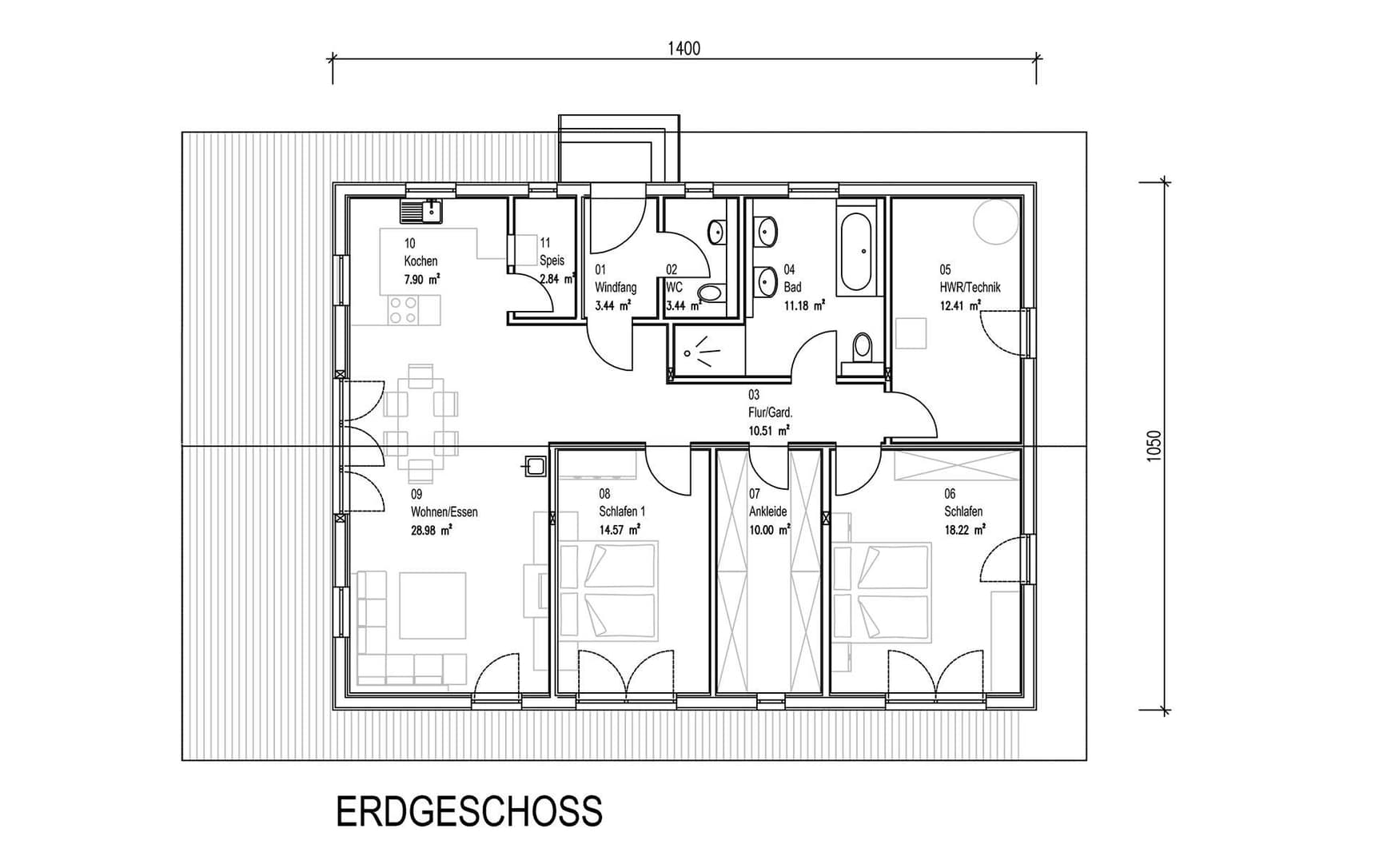 Der Grundriss des Bungalows aus Holz mit umlaufender, teilweise überdachter Terrasse