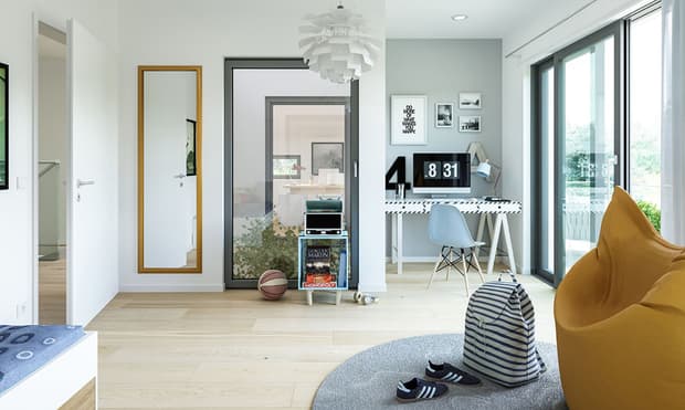 Helles Jugendzimmer mit Schreibtisch, Computer, gelbem Sitzsack, großem Fenster, Holzfußboden und moderner Dekoration.