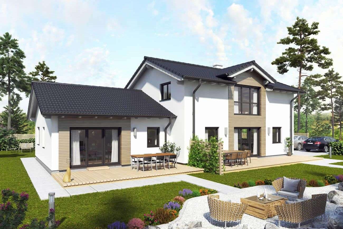 Modernes Einfamilienhaus mit Satteldach, Anbau und Zwerchhaus