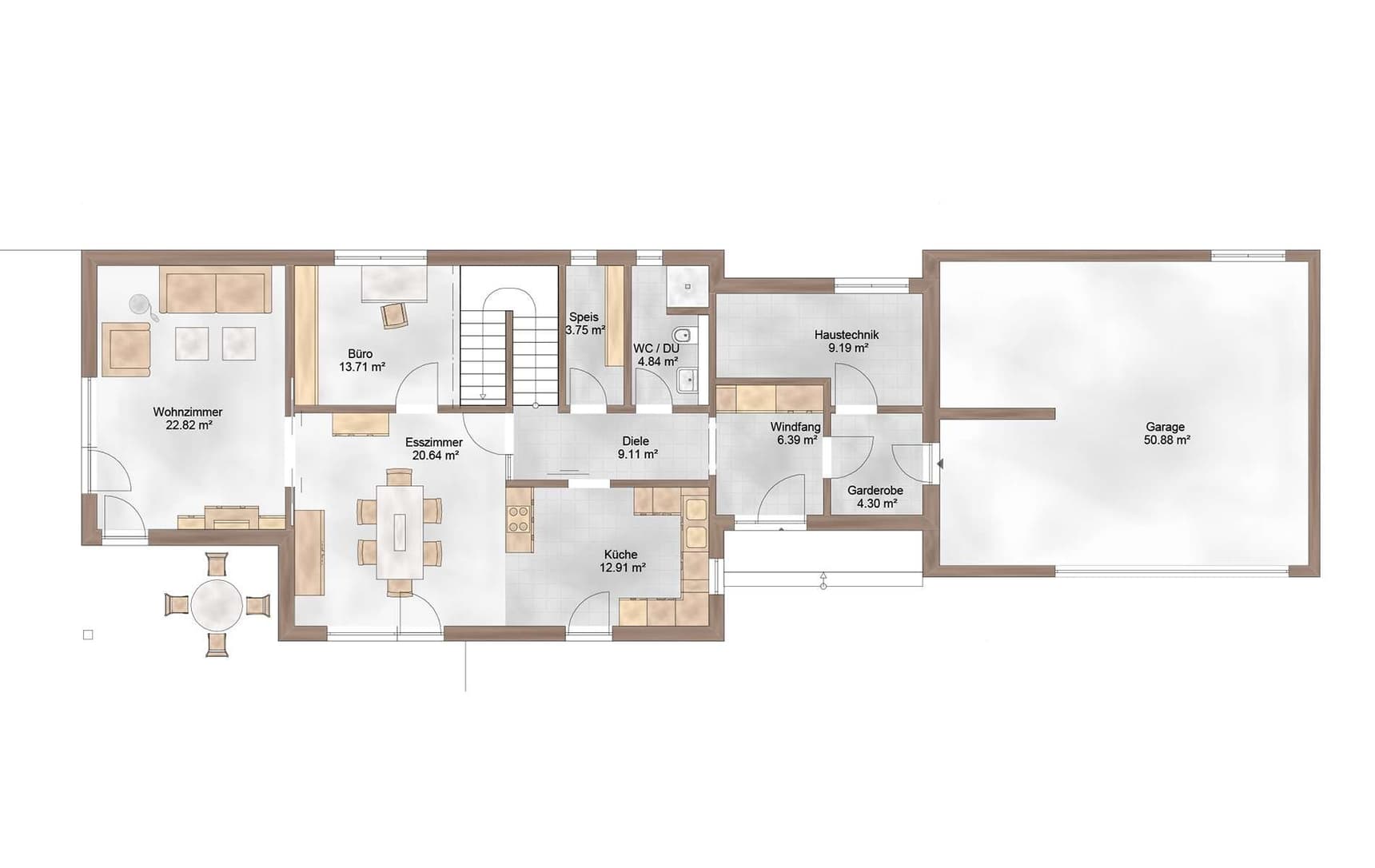 Der Grundriss des EGs des modernen Holzhauses mit Pultdach, Putzfassade und Schiebeläden aus Lärche