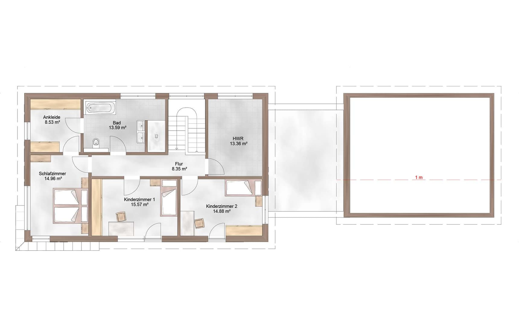 Der Grundriss des OGs des modernen Holzhauses mit Pultdach, Putzfassade und Schiebeläden aus Lärche