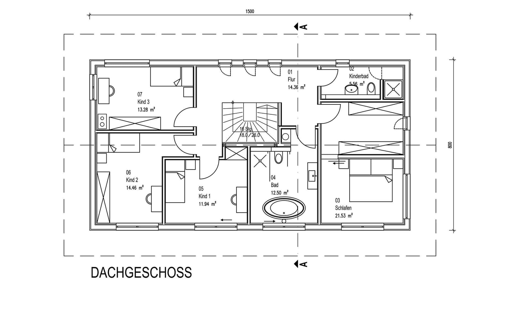 Der Grundriss des OGs des modernen Holzhauses im Landhausstil mit durchgängiger Holzfassade