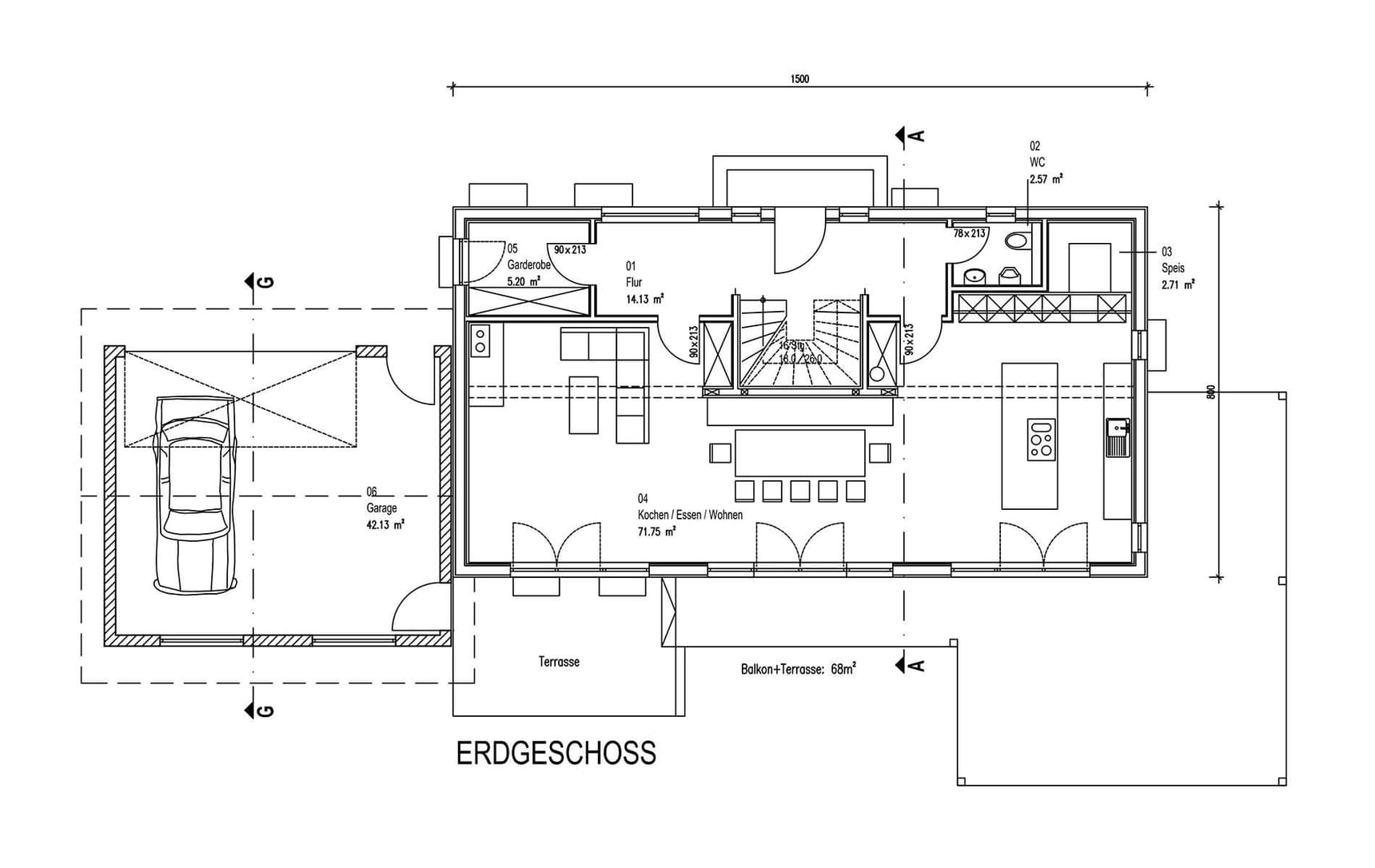 Der Grundriss des EGs des modernen Holzhauses im Landhausstil mit durchgängiger Holzfassade
