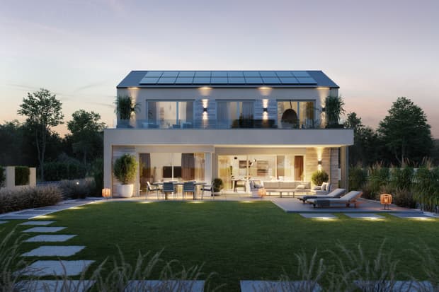 Modernes Einfamilienhaus mit überdachter Terrasse und Garten