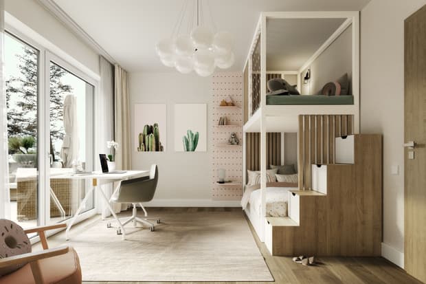 Helles Arbeitszimmer mit bodentiefen Fenstern