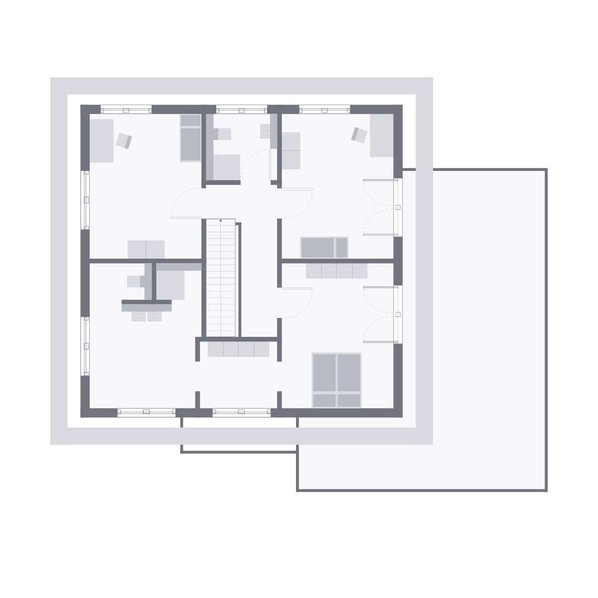 Grundriss des Obergeschosses mit Schlafzimmer, zwei Kinderzimmern, Bad, Flur, Treppe und Ankleidebereich.