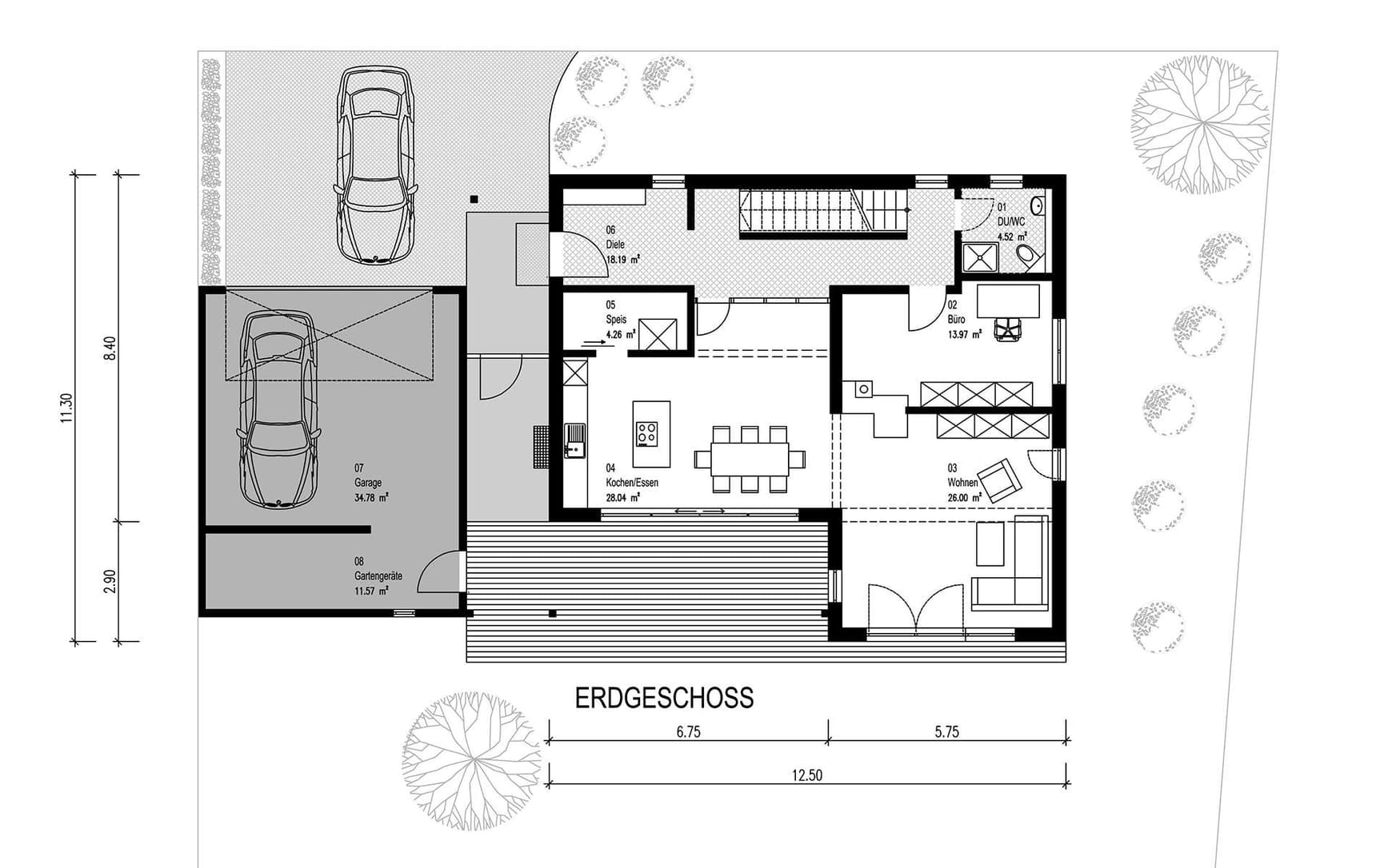 Der Grundriss des EGs des modernen Holzhauses im Landhausstil mit Mischfassade aus Fichtenholz und mineralischem Außenputz