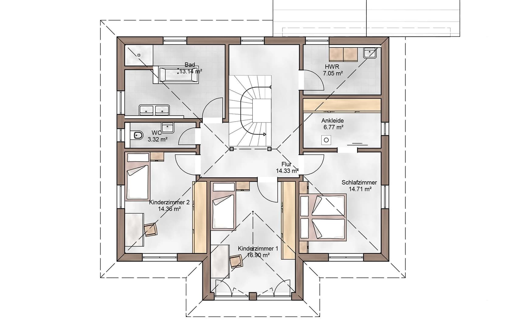 Der Grundriss des OGs des modernen Holzhauses in mediterranem Stil mit mineralischem Außenputz