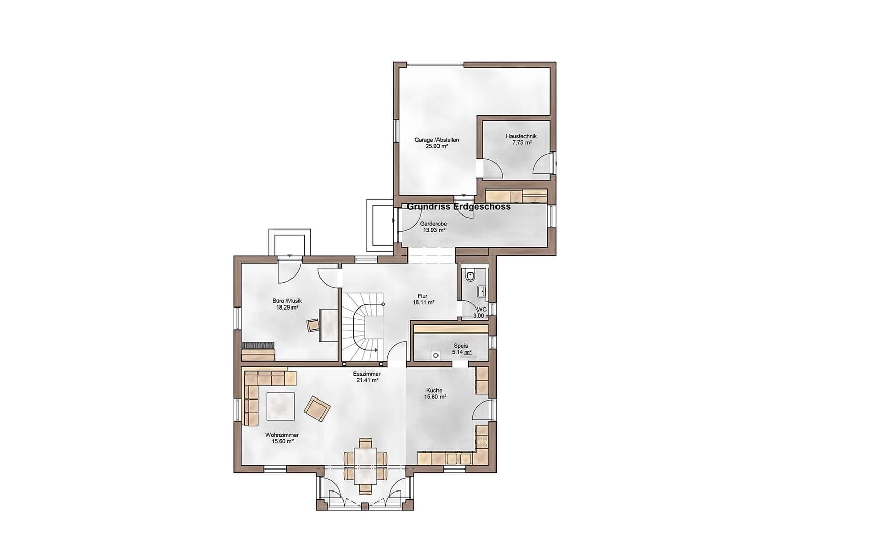 Der Grundriss des EGs des modernen Holzhauses in mediterranem Stil mit mineralischem Außenputz