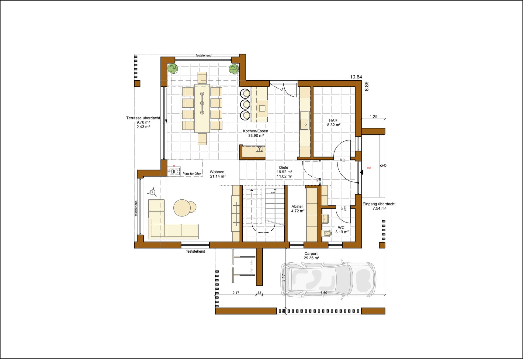 Grundriss Erdgeschoss mit Terrasse, Carport, Wohn- und Essbereich, Küche, Arbeitsraum, WC und Abstellraum in Beige und Braun