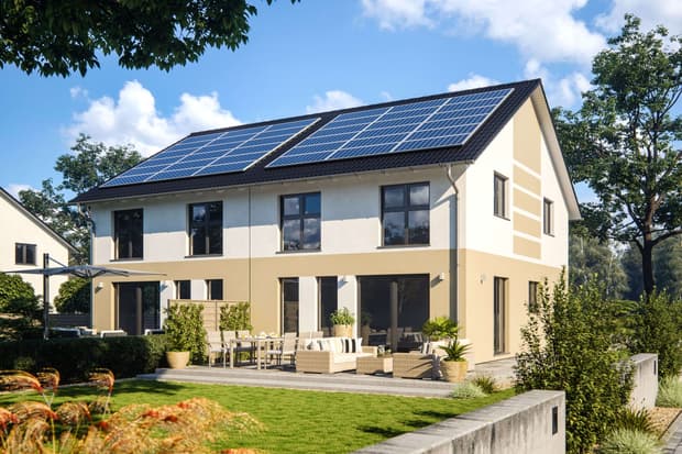 Doppelhaus von RENSCH-HAUS. Vicenza. Terrassenansicht.