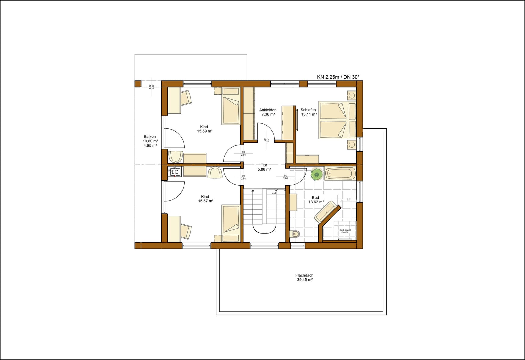Grundriss Obergeschoss mit zwei Kinderschlafzimmern, Elternschlafzimmer, Bad, Ankleide, Flur und Balkon in Braun und Beige