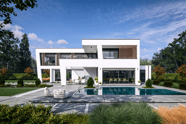Moderner weißer Kubusbungalow mit großen Glasfronten Holzlamellen Terrasse und rechteckigem Pool in grünem Garten bei blauem Himmel