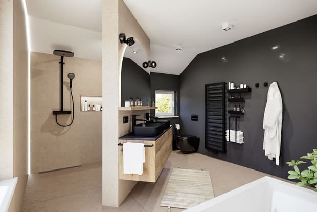 Modernes Badezimmer mit beiger Fliesen-Dusche, schwarzen Sanitärobjekten, Holzmöbeln und grauer Akzentwand mit Handtuchheizkörper