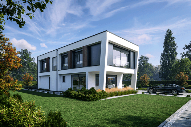 Modernes weißes zweistöckiges Haus mit großflächigen Fenstern umgeben von grüner Gartenlandschaft und schwarzem Auto auf Einfahrt