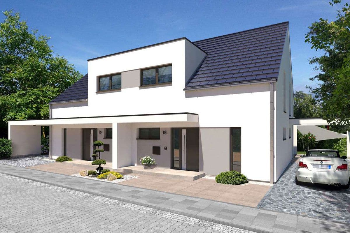 Modernes Doppelhaus mit überdachtem Eingang und Parkplatz