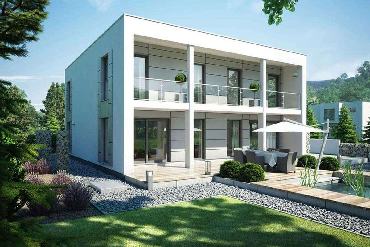 Modernes Einfamilienhaus mit Flachdach, Terrasse und Balkon