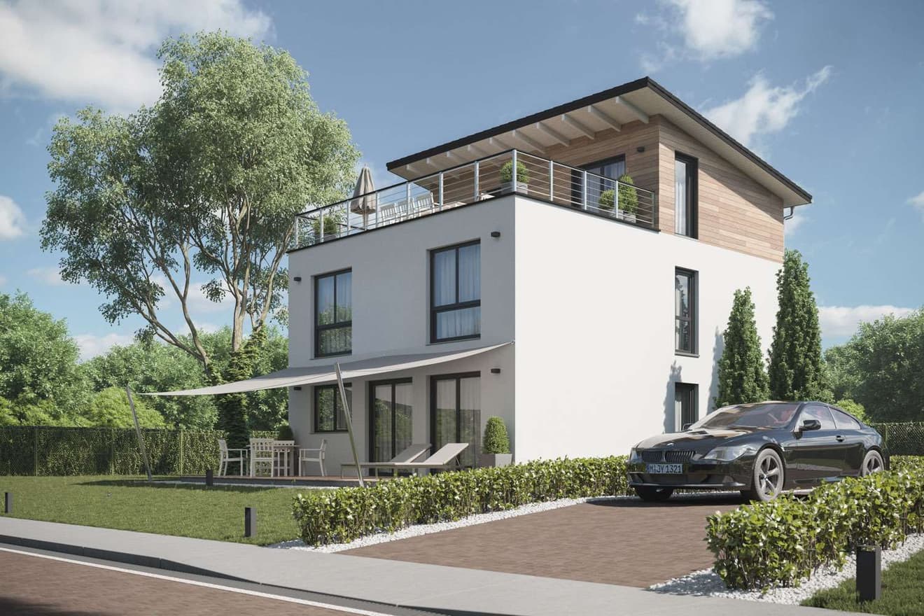 Einfamilienhaus mit Pultdach und Fassadenakzenten