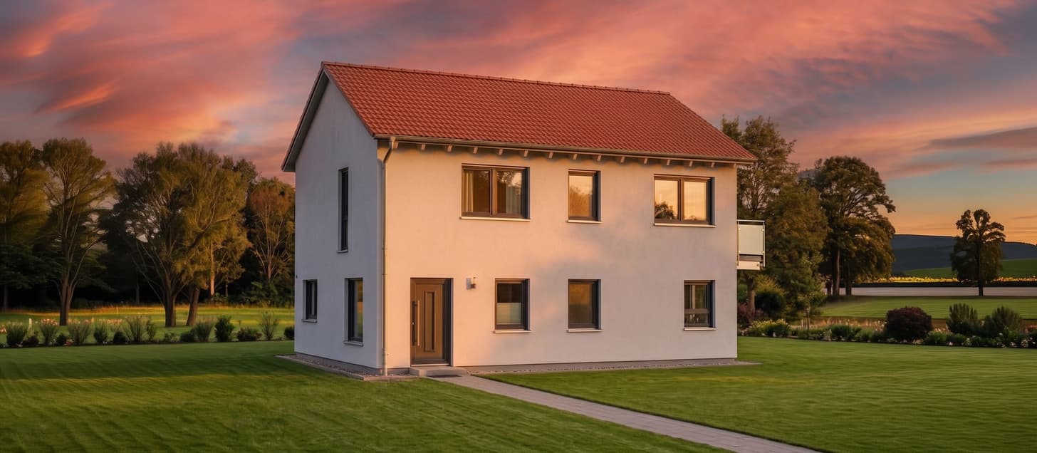 Modernes Einfamilienhaus mit weißer Fassade und rotem Ziegeldach umgeben von gepflegtem grünen Rasen und Bäumen bei Sonnenuntergang