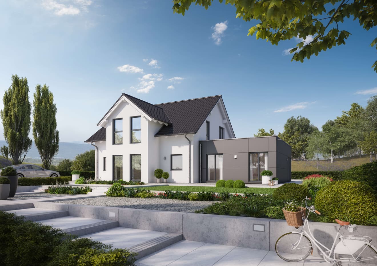 Einfamilienhaus mit Satteldach, Zwerchhaus und Kubusanbau