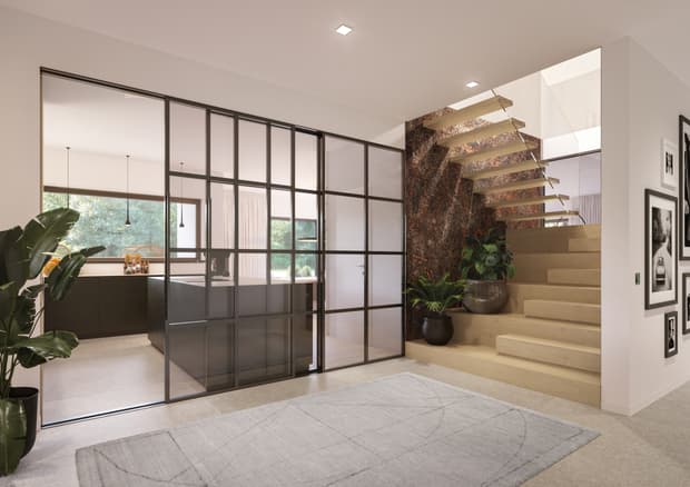 Musterhaus Nürnberg Eingangsbereich: Moderner Flur mit Glastrennwand, freitragender Treppe und Pflanzen