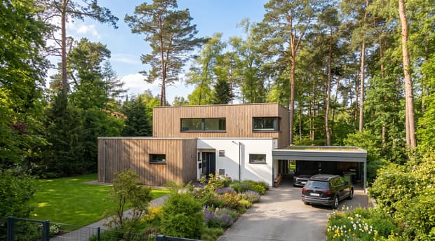 Modernes Einfamilienhaus mit Holz- und weißer Fassade, Carport, Garten mit Blumen und umgeben von Wald
