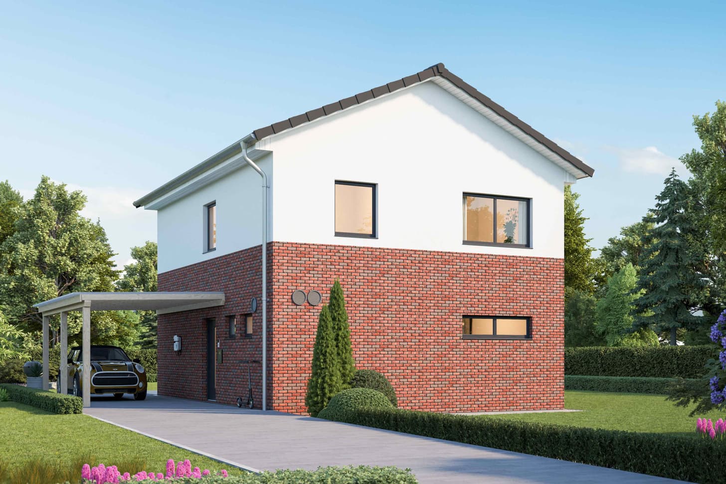 Außenansicht der Hausplanung LBasehouse des Fertighausherstellers STREIF mit Klinkerfassade.