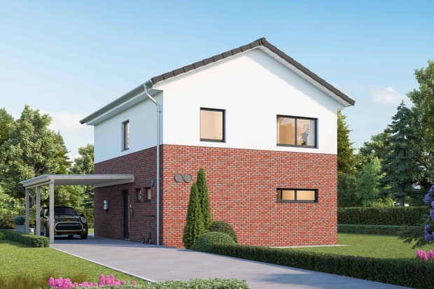 Außenansicht der Hausplanung LBasehouse des Fertighausherstellers STREIF mit Klinkerfassade.