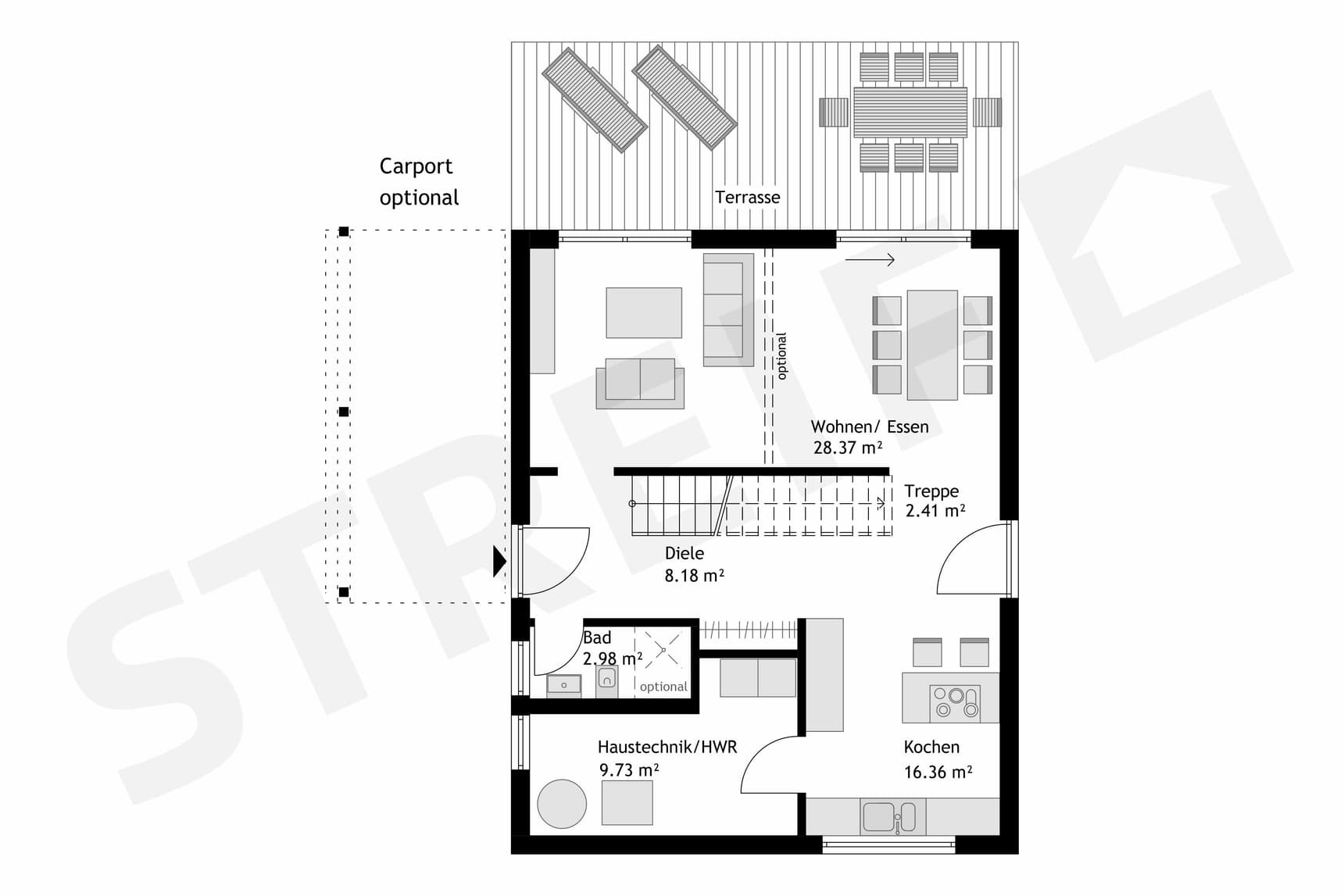 Fertighaus Stadtvilla Grundriss Erdgeschoss Wohnen Essen Küche Diele Bad HWR Treppe Zugang Terrasse optional Carport