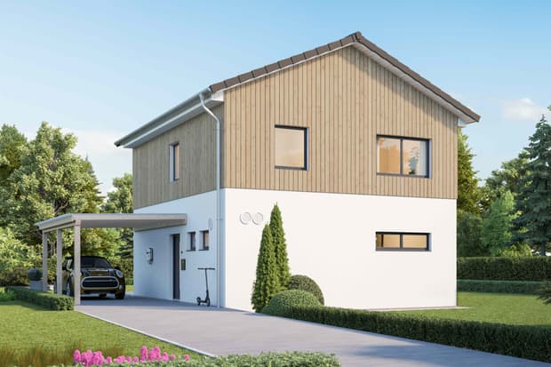 Fertighaus Stadtvilla zweigeschossig Satteldach ohne Überstand Putz weiß Holzfassade oben rechteckige Fenster Carport Zufahrt Garten