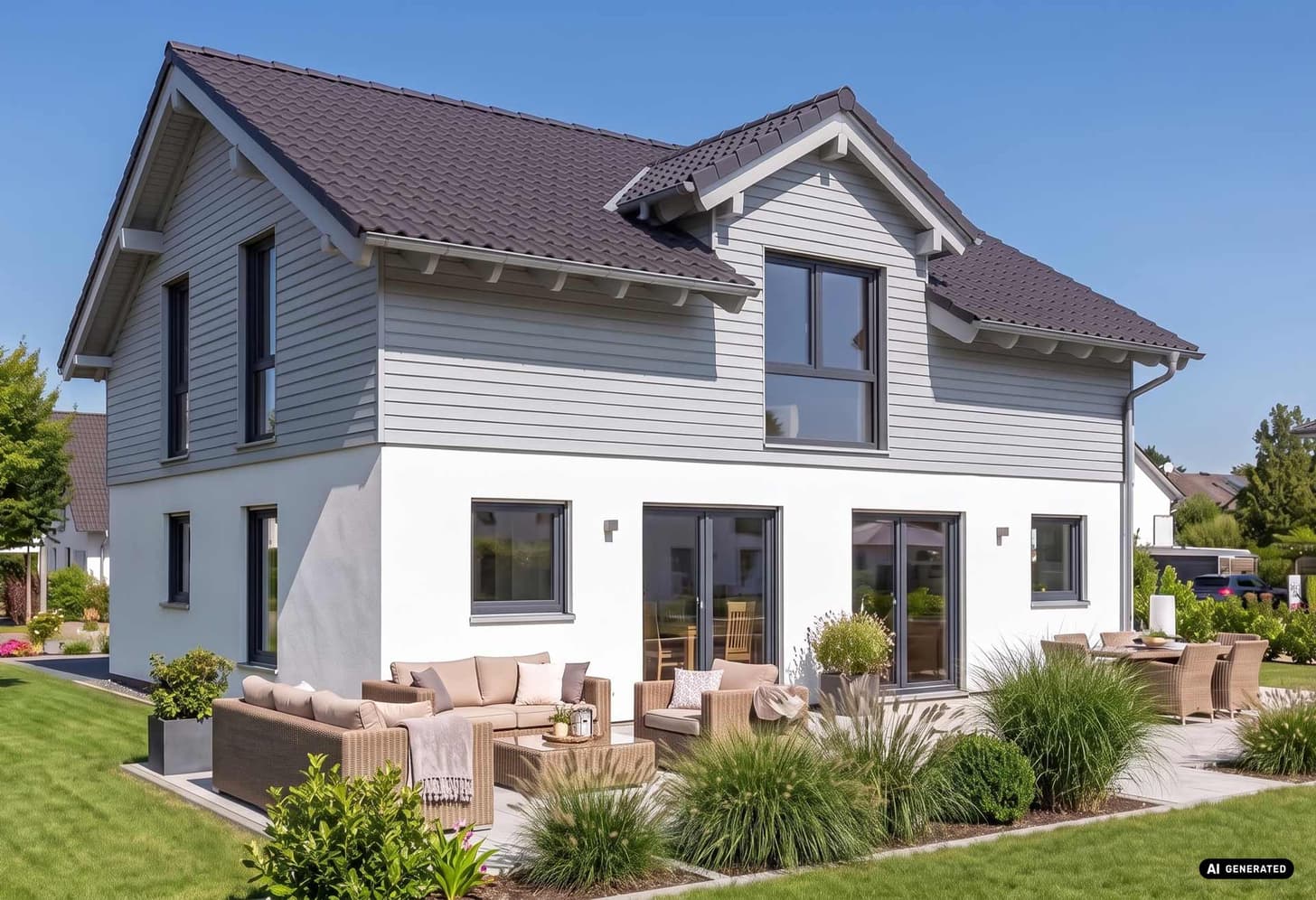 Modernes Einfamilienhaus mit grauem Satteldach und weißer Fassade mit Terrasse 