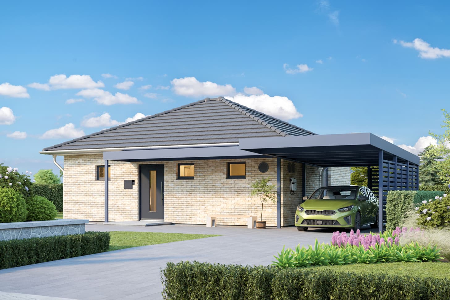 Außenansicht der Hausplanung Bungalow des Fertighausherstellers STREIF mit Klinkerfassade.