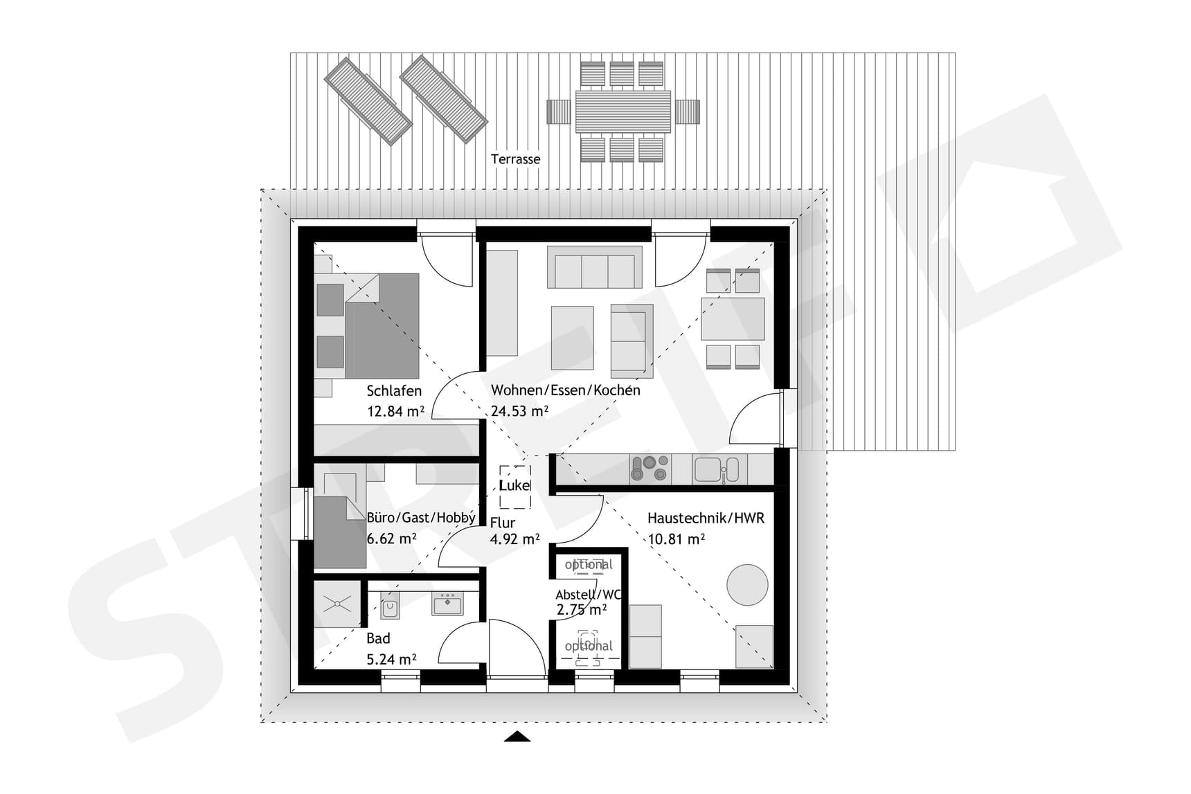 Grundriss Bungalow mit Klinkerfassade