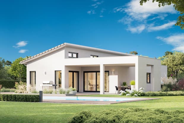 Außenansicht von Bungalow mit Pultdach Garten