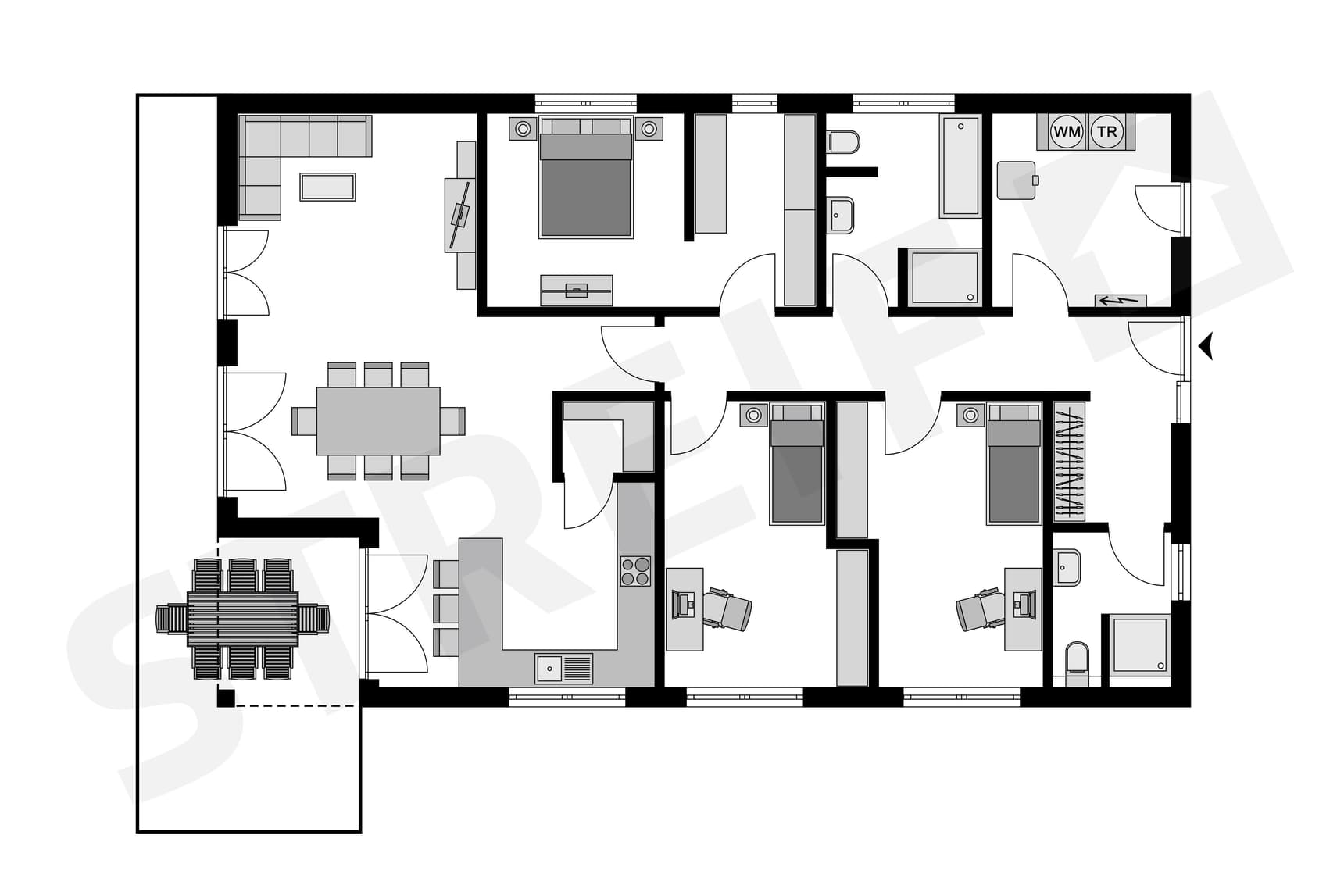 Grundriss von Bungalow mit Walmdach