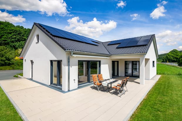 Modernes weißes Haus mit schwarzem Ziegeldach und Solarpanels Terrasse mit Gartenmöbeln und grünem Rasen