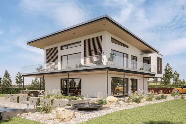 Modernes zweistöckiges Musterhaus mit Flachdach, großer Terrasse, Glasbalkon, Gartenanlage und bodentiefen Fenstern.