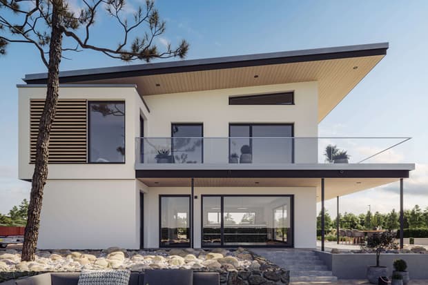 Modernes zweistöckiges Musterhaus mit Flachdach, Glasbalkon, großen Fenstern, Holzdetails und Steingarten im Eingangsbereich.